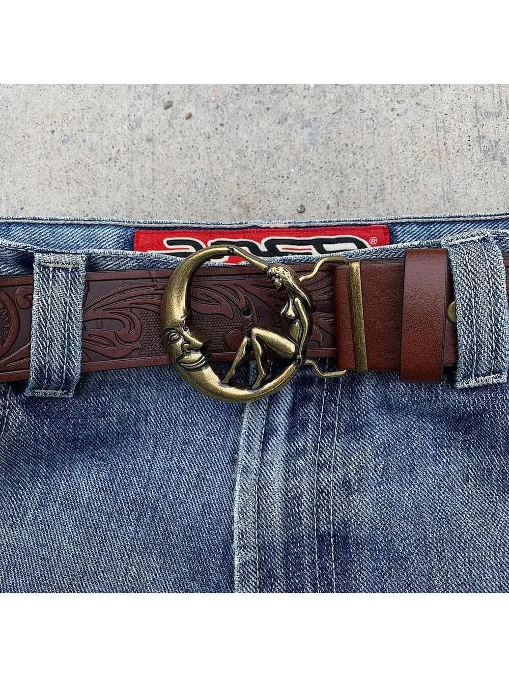 Half moon and Woman belt buckle brown belt. 44 inches length
